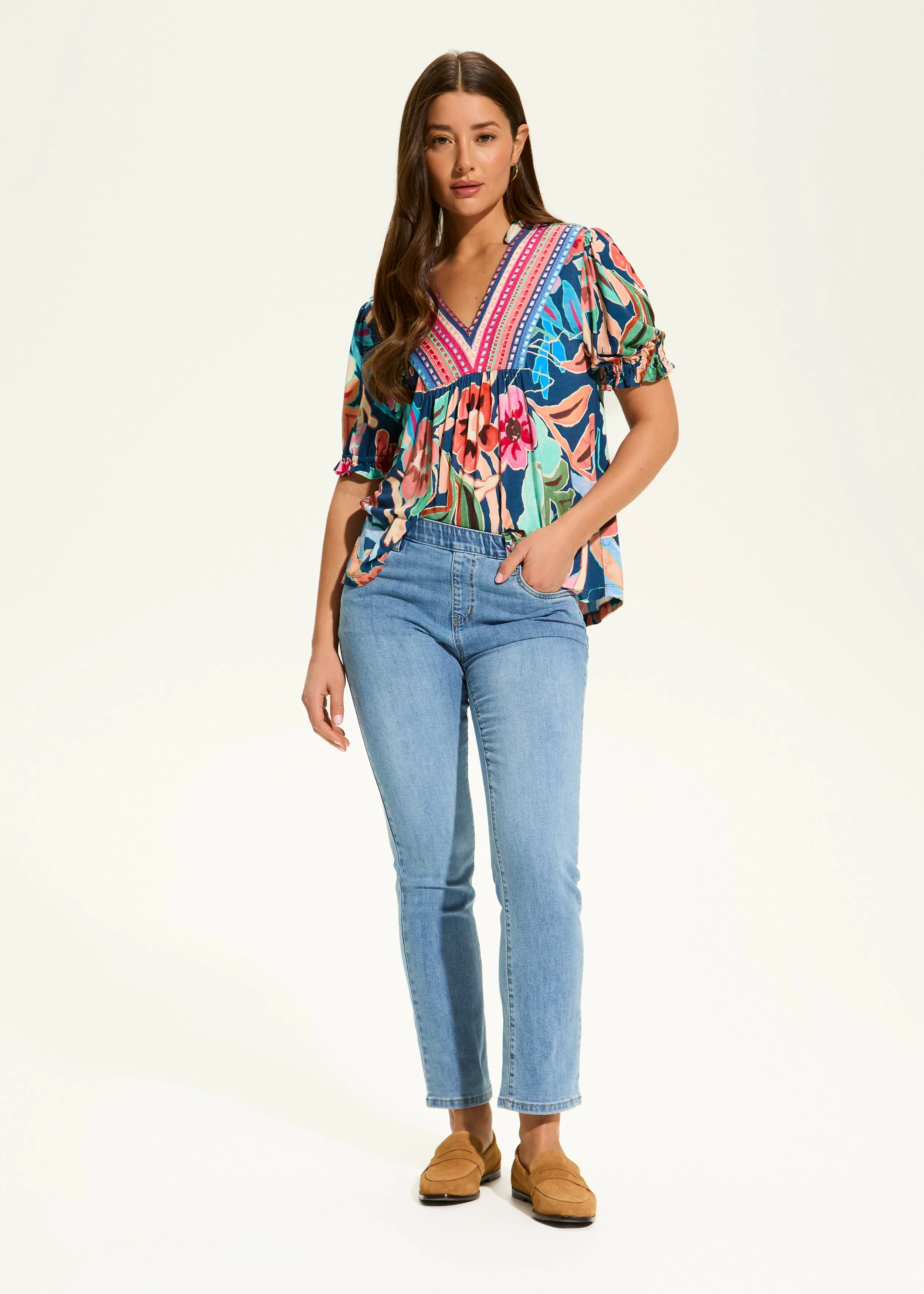 Basic Pull-On Straight Ankle Denim, Medium Wash