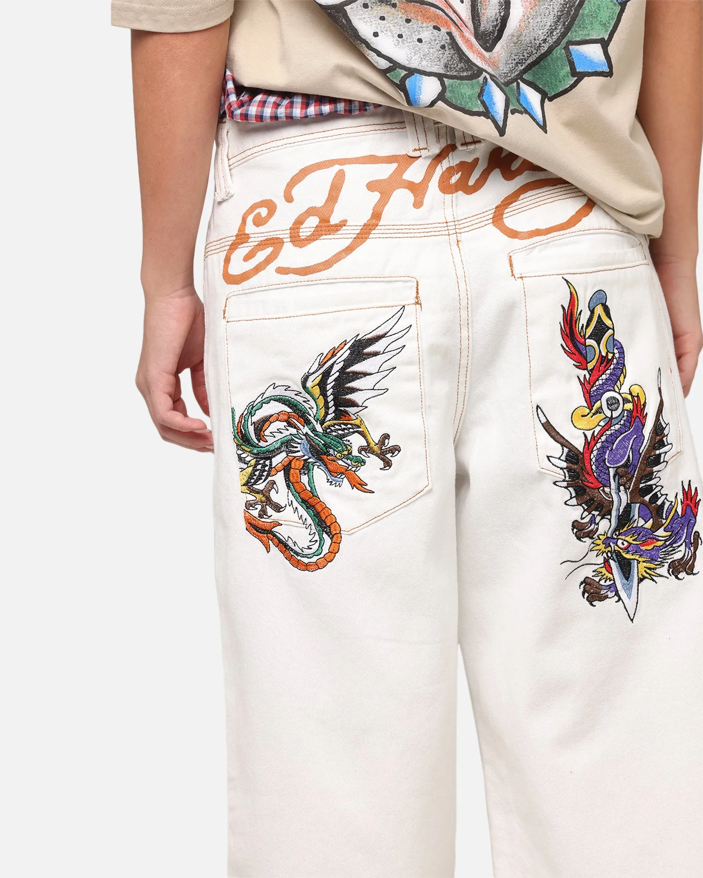 Ed Hardy Ultra Wide Leg Denim Jeans Off White