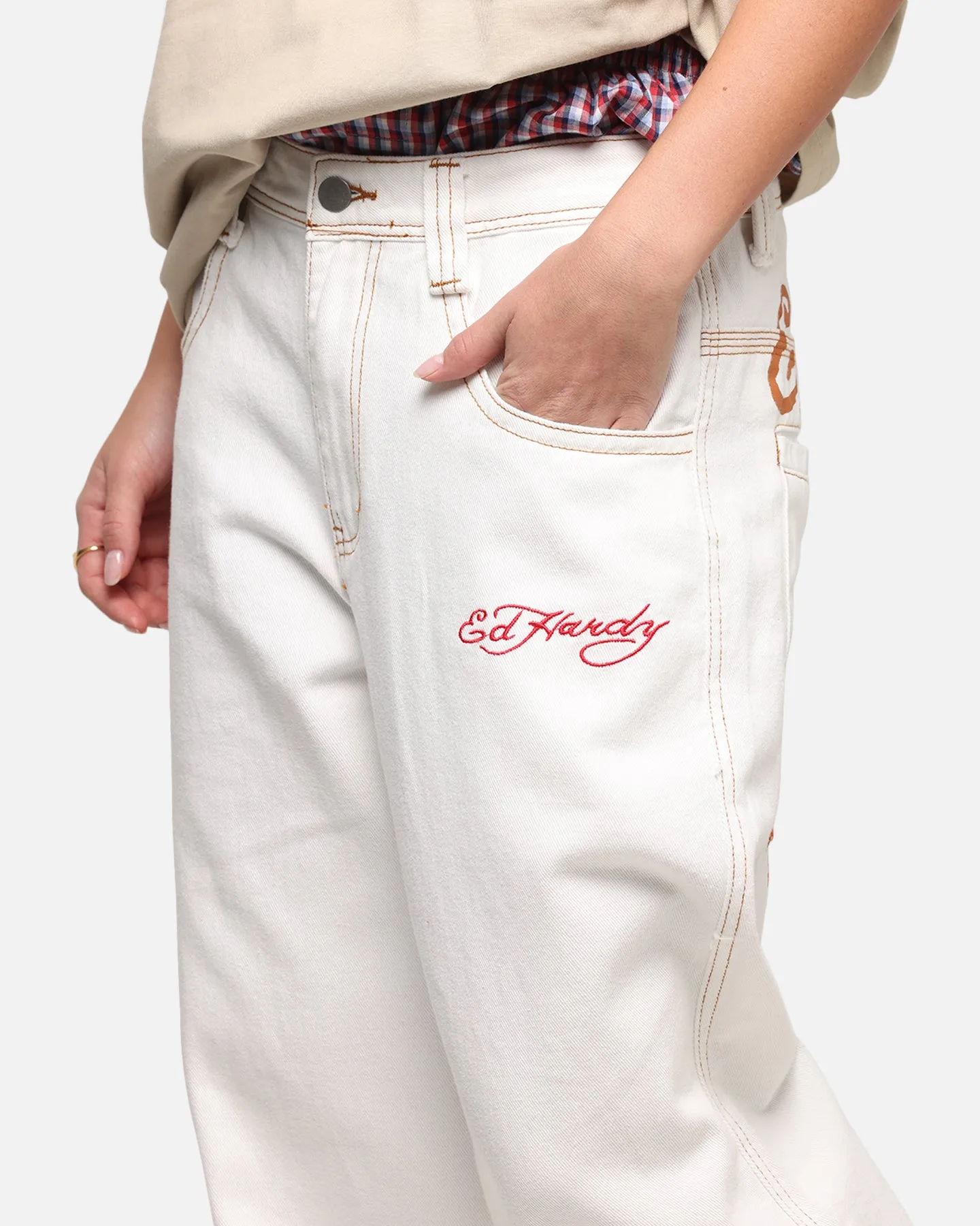 Ed Hardy Ultra Wide Leg Denim Jeans Off White