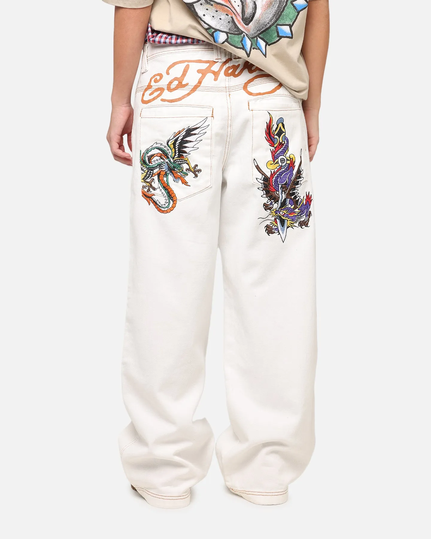 Ed Hardy Ultra Wide Leg Denim Jeans Off White