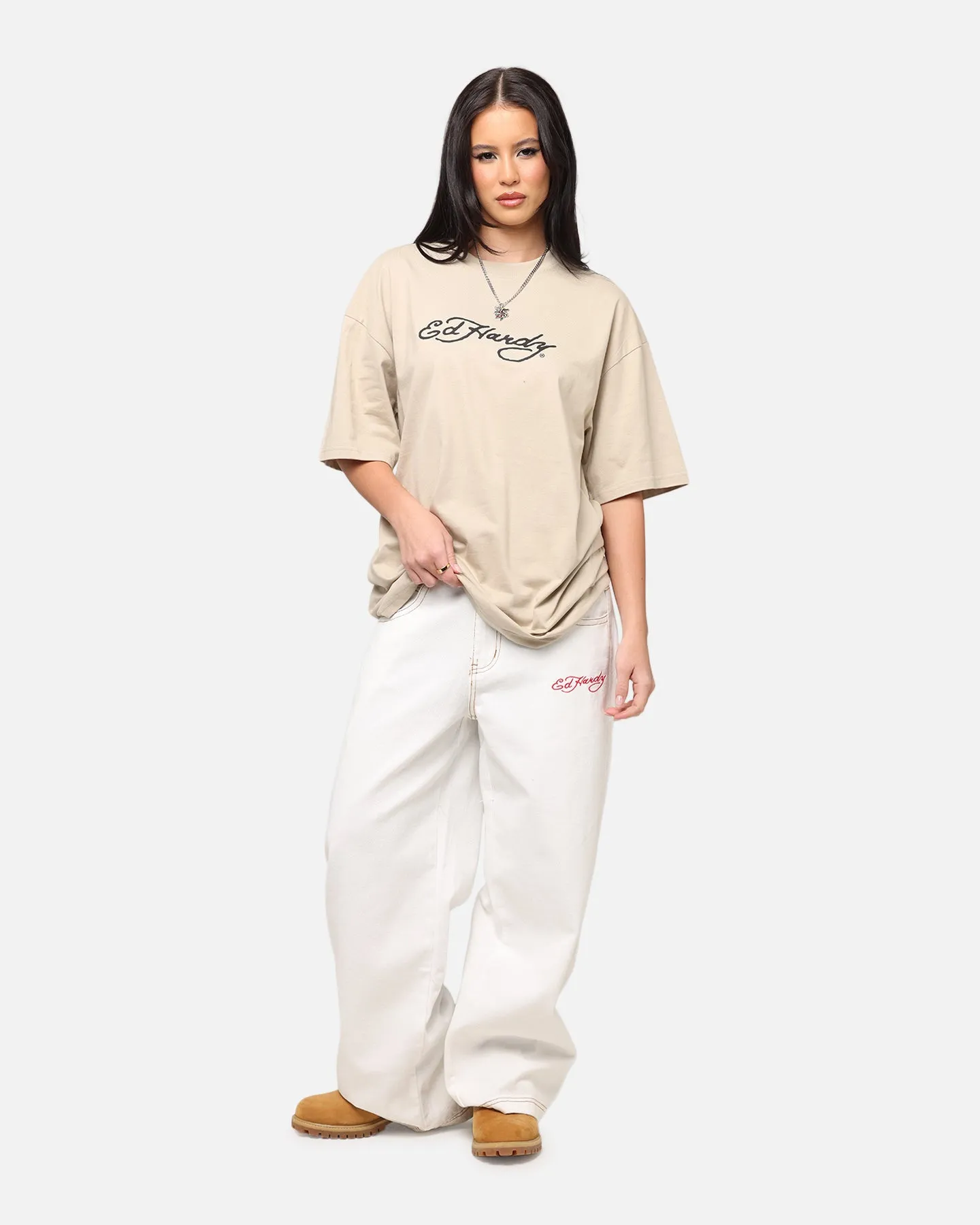 Ed Hardy Ultra Wide Leg Denim Jeans Off White