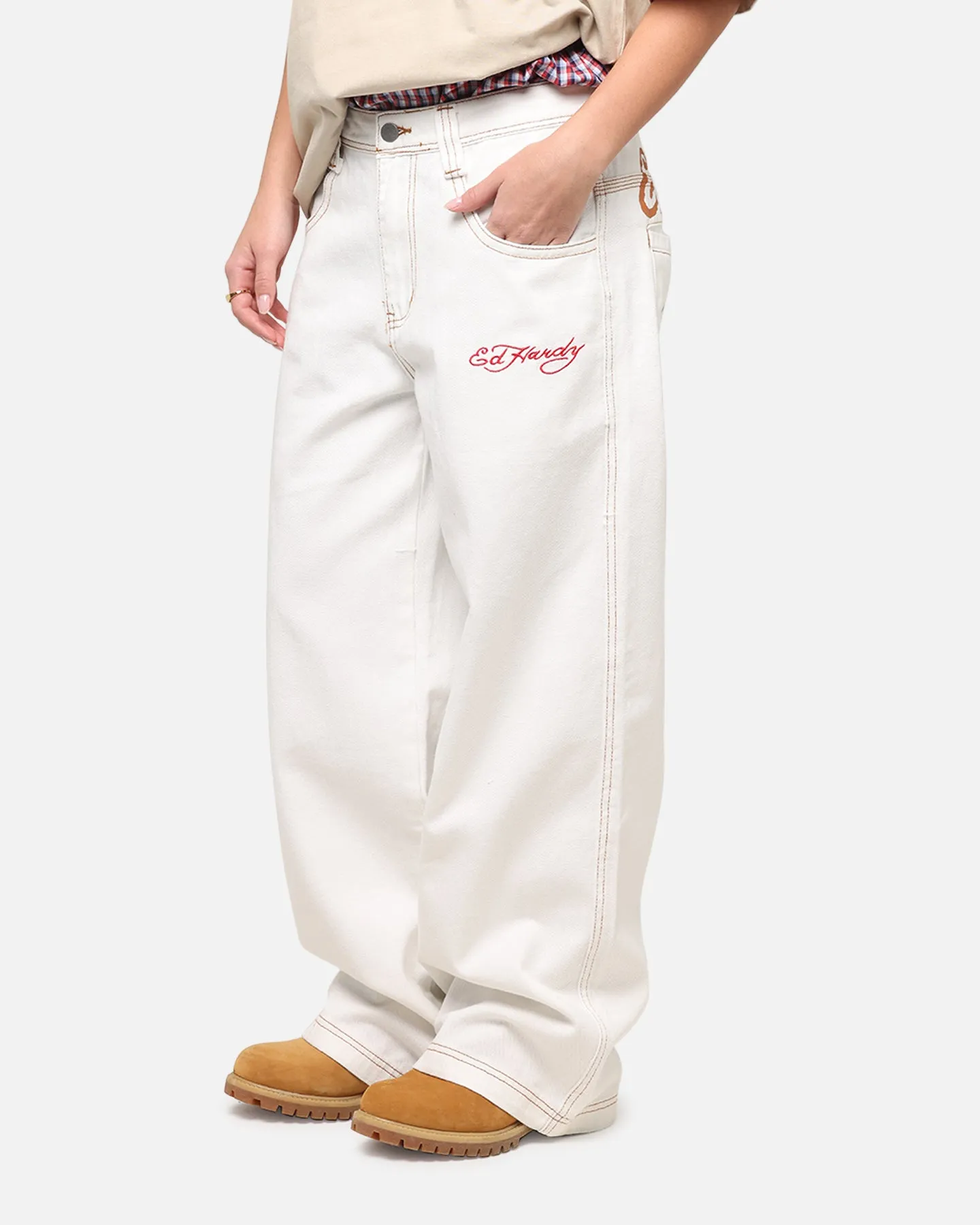Ed Hardy Ultra Wide Leg Denim Jeans Off White