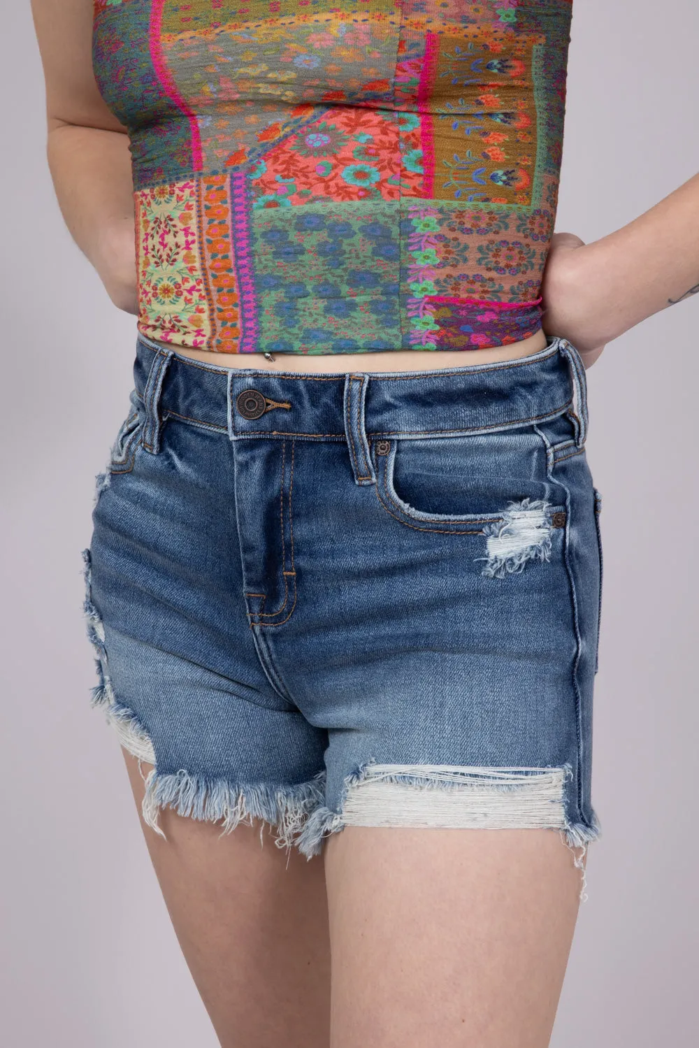Hidden Frayed Hem Stretch Dark Wash Denim Shorts for Women | HD4183-DK