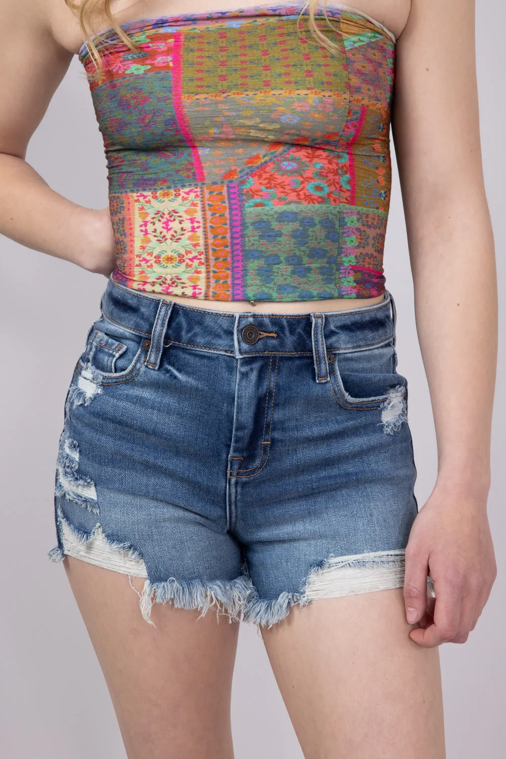 Hidden Frayed Hem Stretch Dark Wash Denim Shorts for Women | HD4183-DK