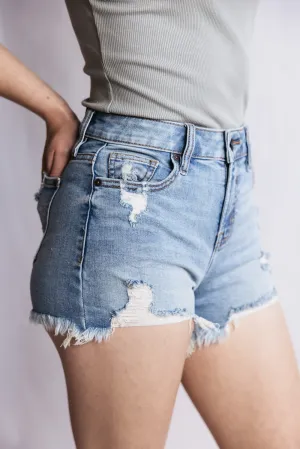 Hidden Frayed Hem Stretch Light Wash Denim Shorts for Women | HD4204-ML