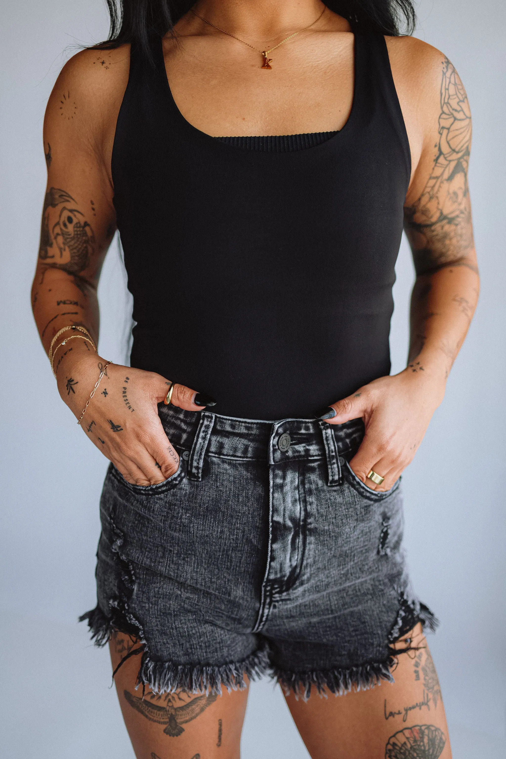 KanCan High Rise Acid Wash Distressed Shorts for Women in Black | KC6321GRN