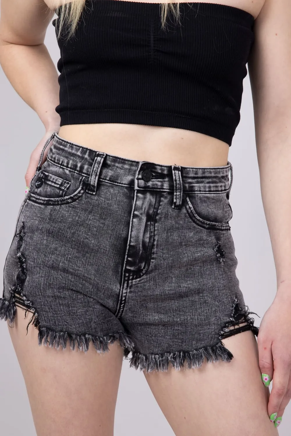 KanCan High Rise Acid Wash Distressed Shorts for Women in Black | KC6321GRN