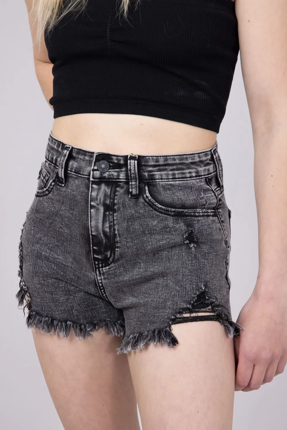 KanCan High Rise Acid Wash Distressed Shorts for Women in Black | KC6321GRN