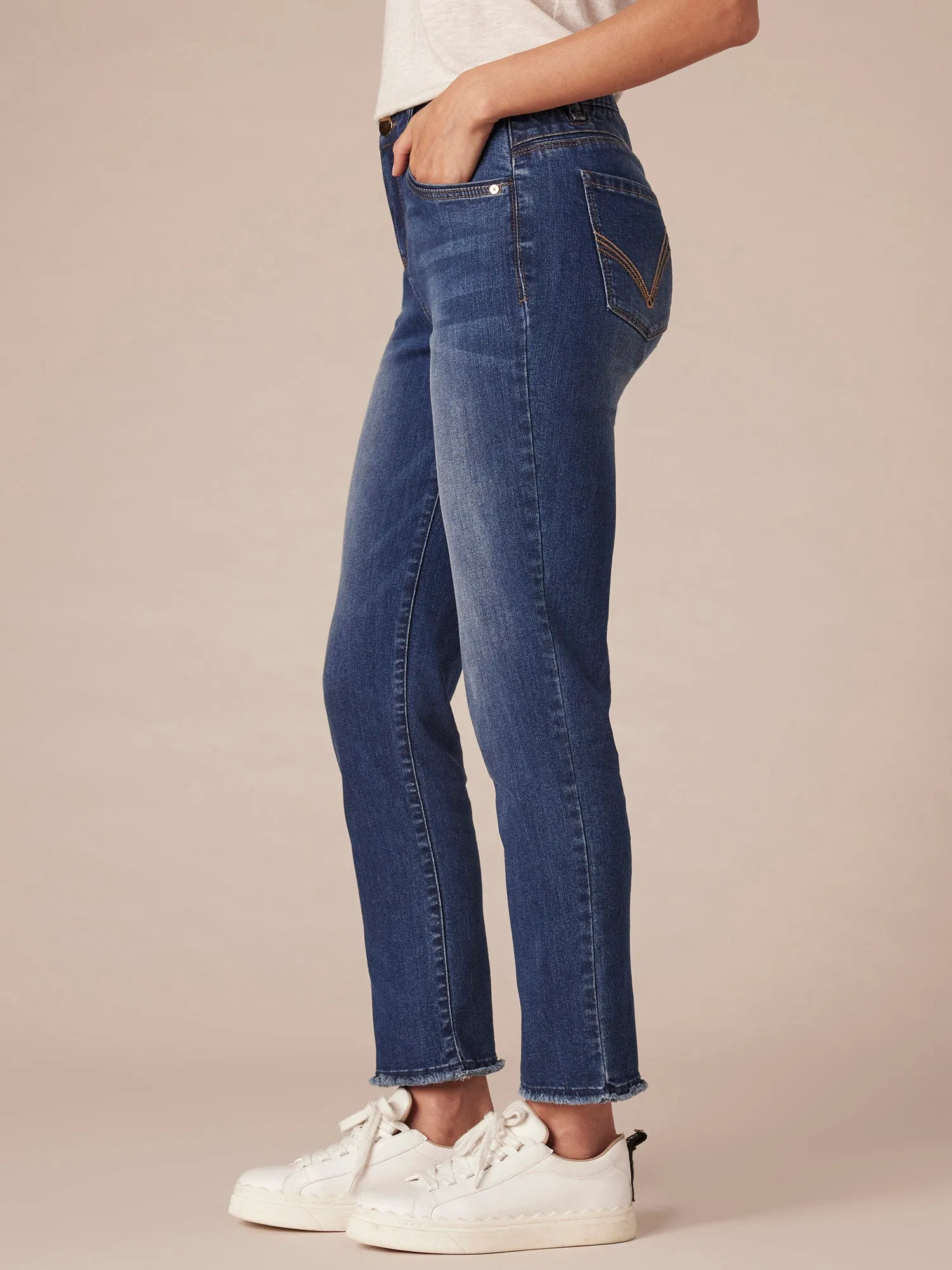 "Ab"solution High Rise Cascading D Fray Hem Slim Straight Petite Jeans