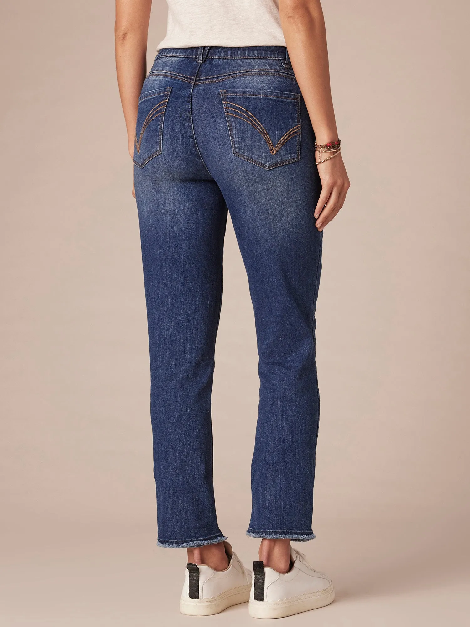 "Ab"solution High Rise Cascading D Fray Hem Slim Straight Petite Jeans