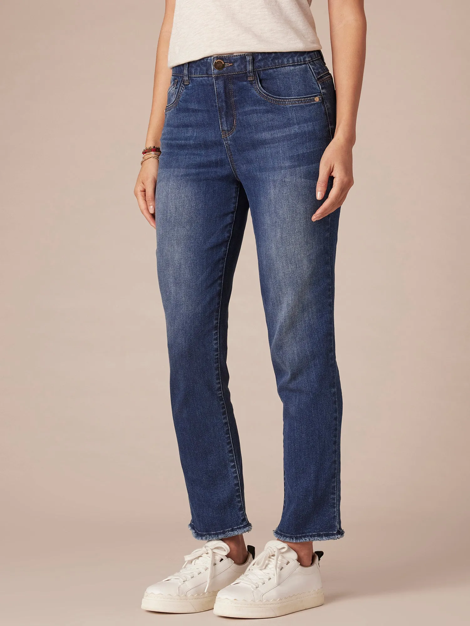 "Ab"solution High Rise Cascading D Fray Hem Slim Straight Petite Jeans