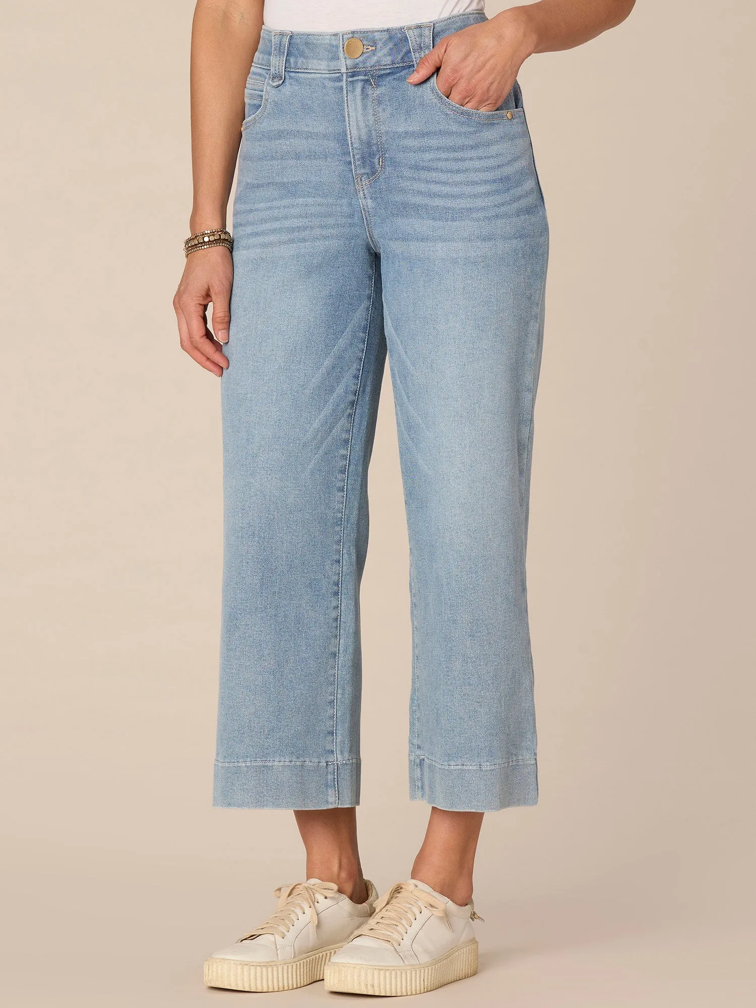 "Ab"solution High Rise Cropped Wide Leg Jeans with Whiskering
