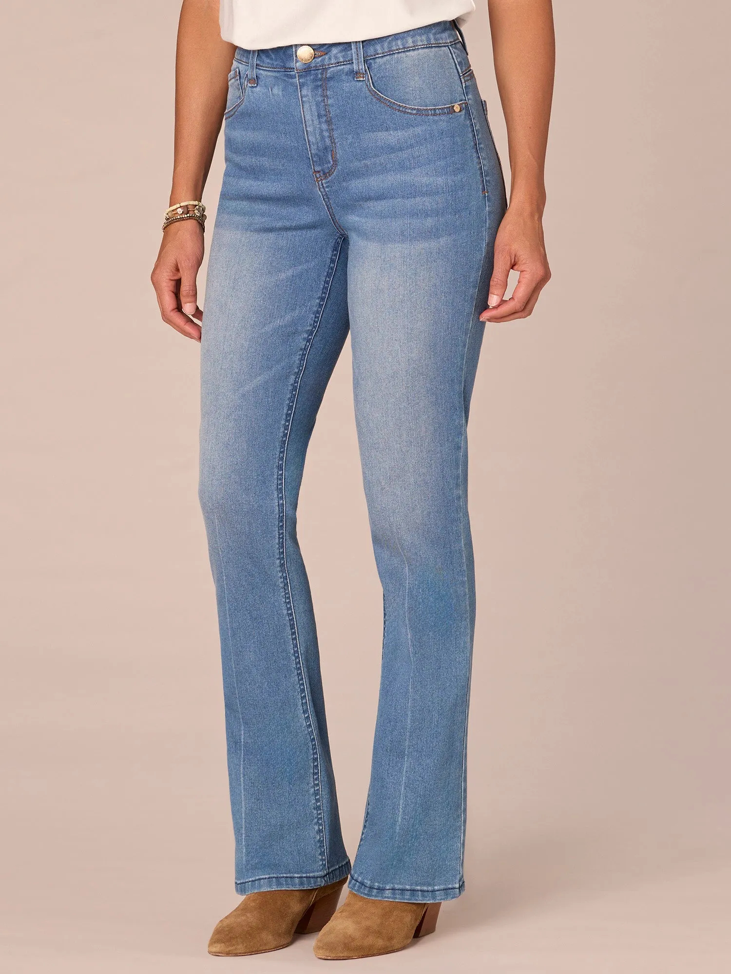 "Ab"solution High Rise Embroidered Cascading D Itty Bitty Boot Jeans