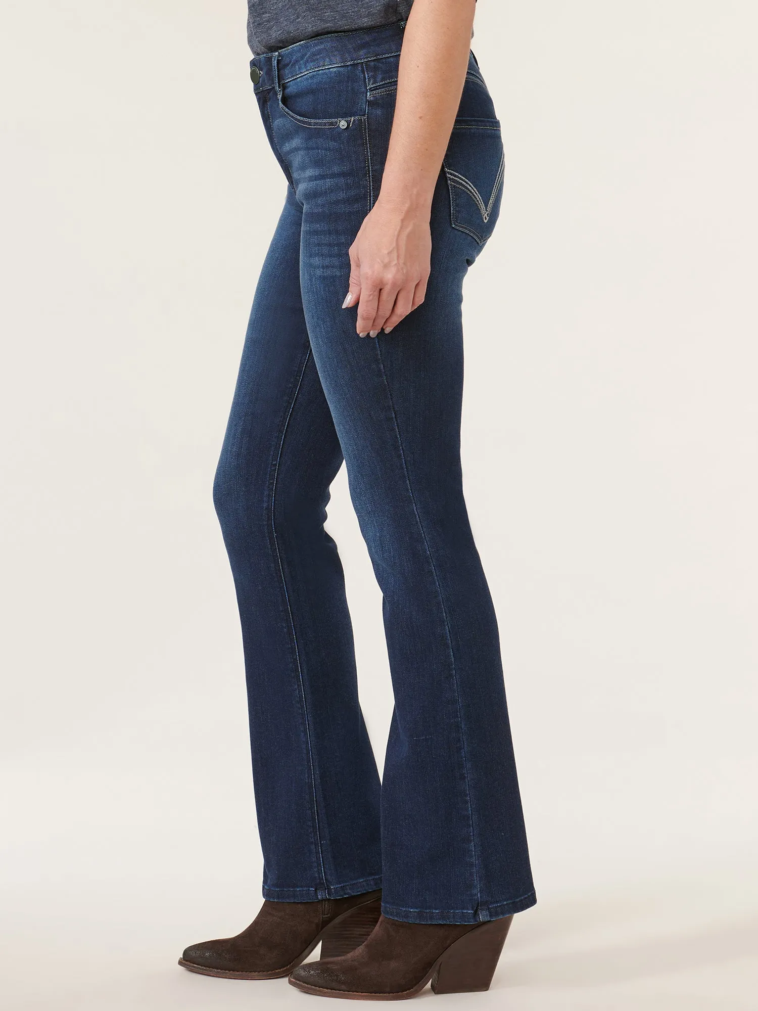"Ab"solution® High Rise Embroidered Indigo Itty Bitty Boot Jean