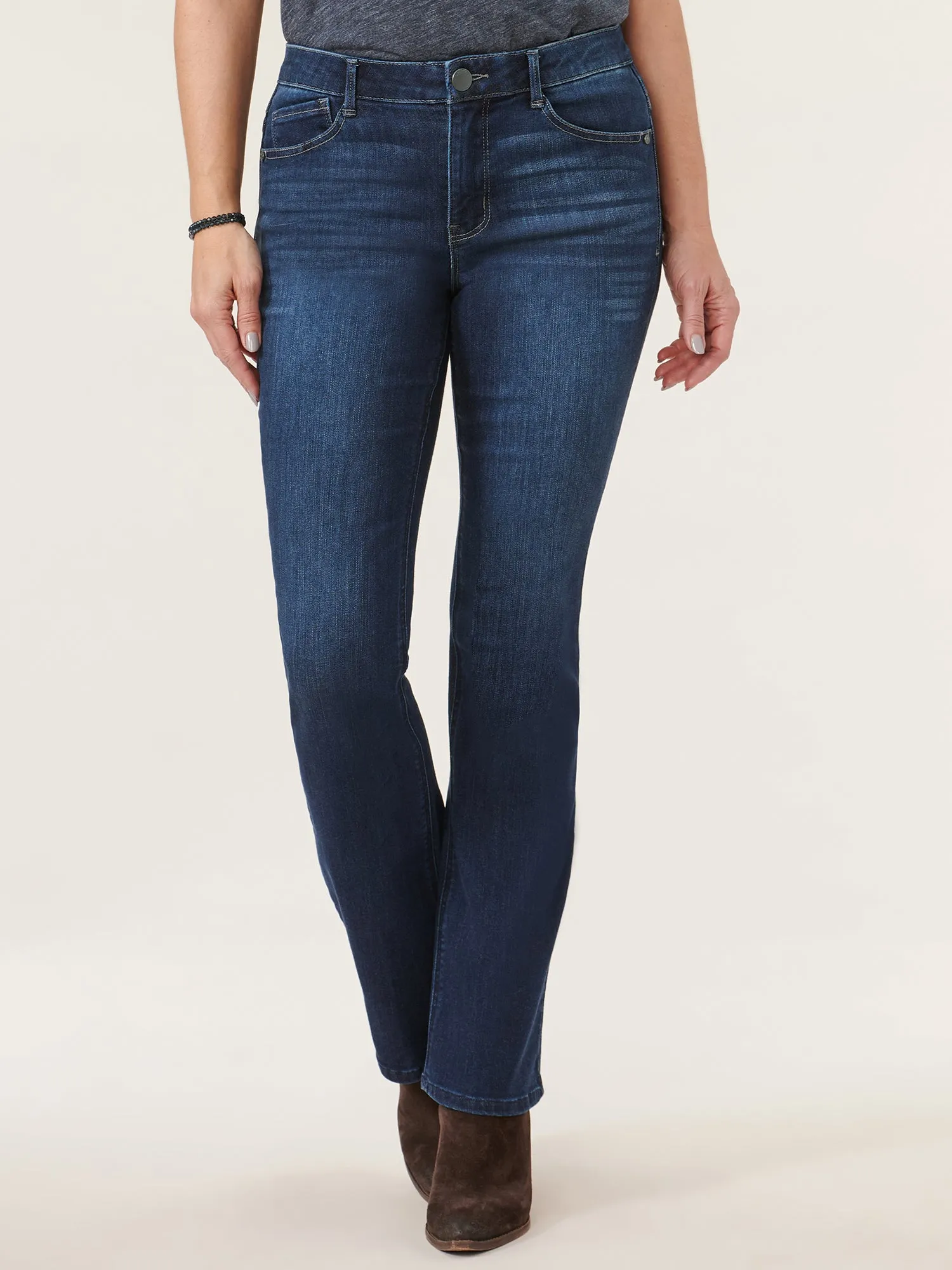 "Ab"solution® High Rise Embroidered Indigo Itty Bitty Boot Jean