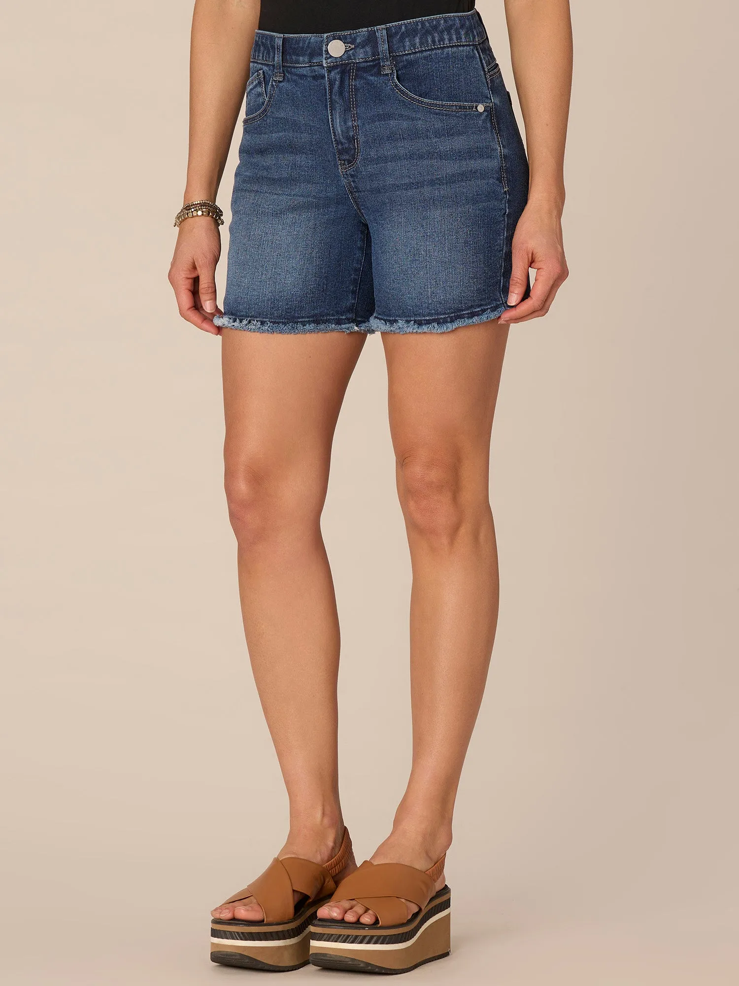"Ab"solution High Rise Fray Hem Petite Shorts with Cascading "D"