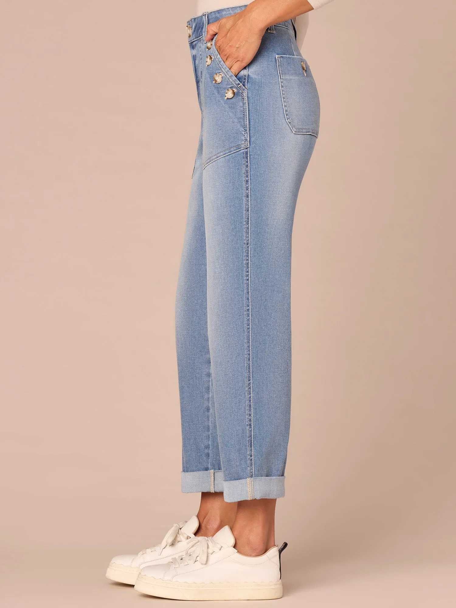 "Ab"solution High Rise Sailor Button Roll Cuff Straight Leg Jeans