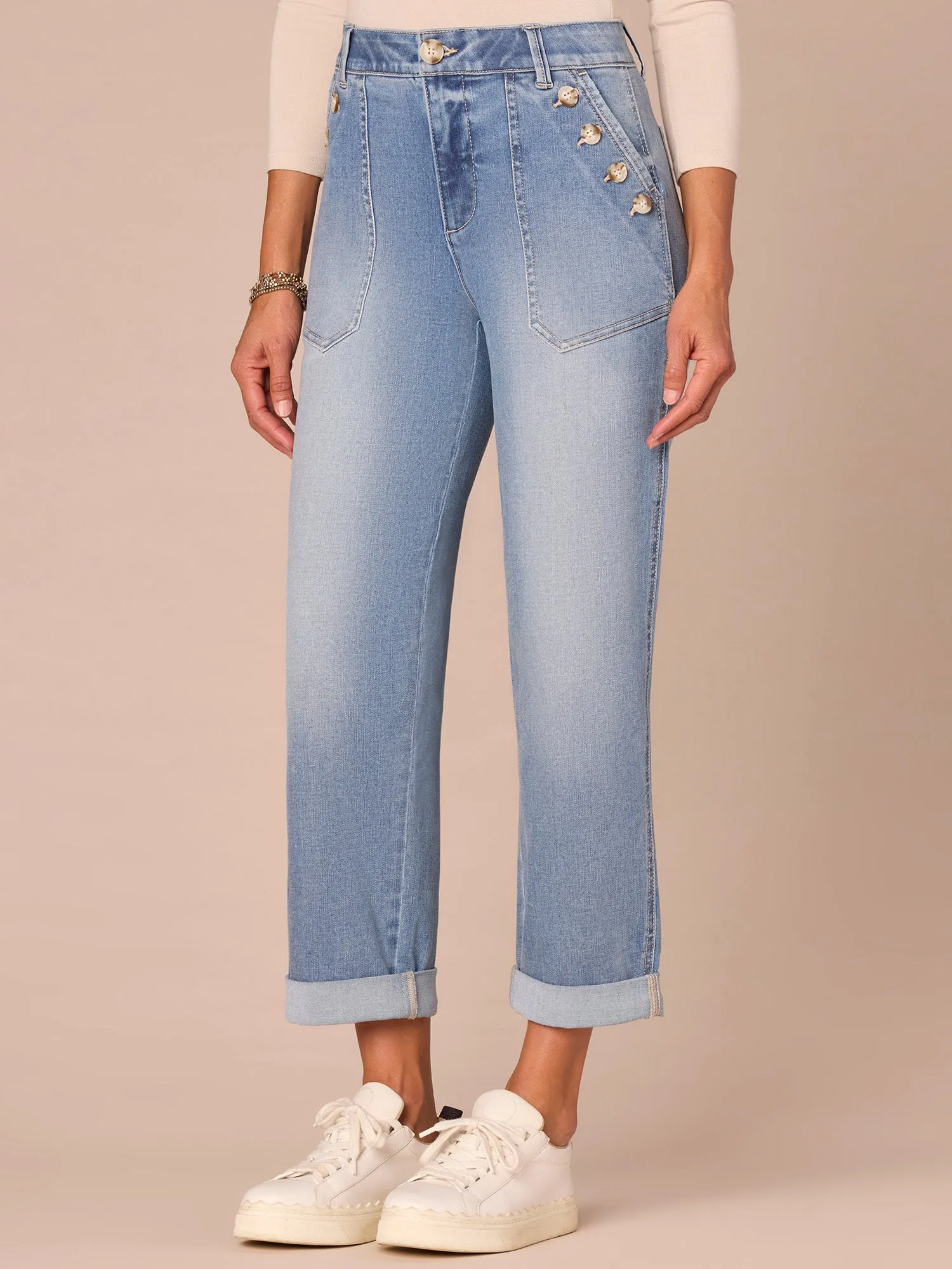 "Ab"solution High Rise Sailor Button Roll Cuff Straight Leg Jeans