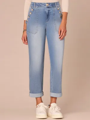 "Ab"solution High Rise Sailor Button Roll Cuff Straight Leg Jeans